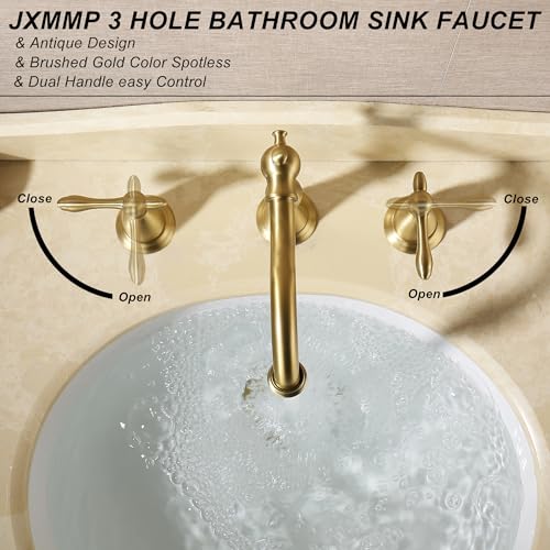 JXMMP Antique Brushed Gold Bathroom Faucet 3 Hole, Widespread Bathroom Sink Faucet with Pop Up Drain and cUPC Supply Hose, Modern 2 Handle Vanity Faucet Gold JXM3073BG by JXMMP - Used condition - Image 3