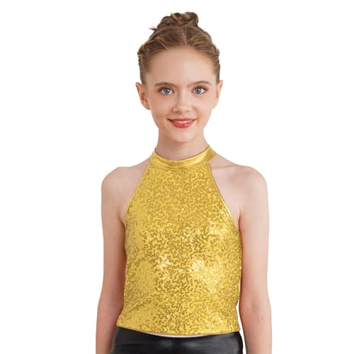 JanJean Girls Kids Shiny Metallic Cutout Back Jazz Hip Hop Dance Tank Top Halter Neck Tees Ballroom Costume Gold 12 Years