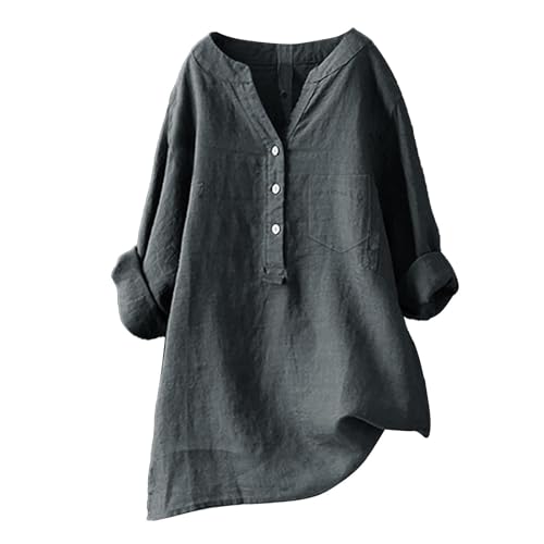 Womens Cotton Linen Tops Short Sleeve V Neck Soft Button Down Top...