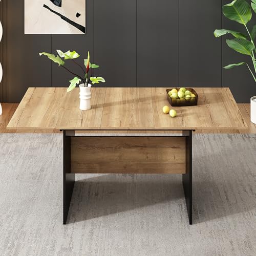 Mesa de comedor extensible 140/180 x 80 cm, adecuada para 4-6 personas, mesa de comedor rectangular de grano de madera, mesa de comedor natural, extensible en estilo minimalista