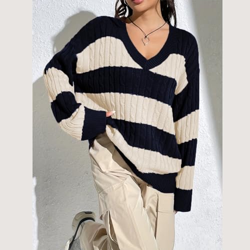Image of Women Y2K Striped Sweater 90s Vintage Aesthetic Long Sleeve V-Neck Knit Pullover Jumper Loose Fall Sweatshirt