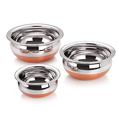 Image of Handi Copper Bottom Stainless Steel 800 Ml, 1.5 Liter, 2 Liter Copper Base Patila /Dekchi /Bhagona /Handi for Boiling Milk, Cooking Biryani Rice Combo of 3 (Color - Silver)