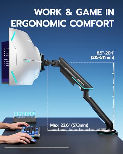 Image of Single Gaming Monitor Arm for 24 inch-57 inch Screens, Up to 60 lbs, Black | Full Motion Computer Monitor Mount, Heavy Duty Gas Spring Desk Stand with VESA 75x75 to 200x200, with C Clamp, Grommet Base