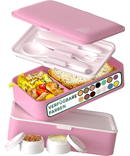 Umami Lunchbox Erwachsene, Auslaufsichere Bento Box mit Fächern und 4 Bestecke, Brotdose Erwachsene, Salatbehälter To-Go, Lunch Box für Picknick/Büro, Kawaii Pink, 1200 ml