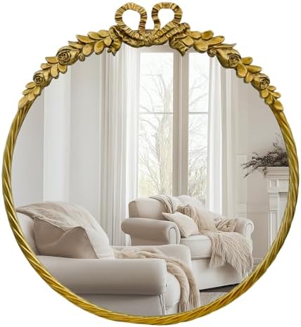 Antique Round Mirror, 28''Baroque Style Vintage Mirror Metal Fram...