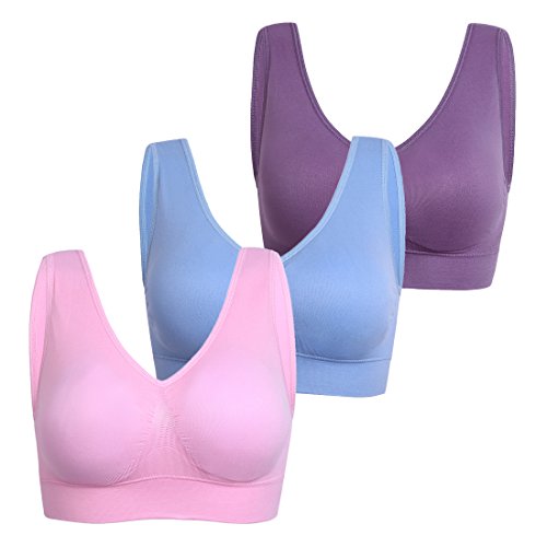 Image of PRETTYWELL Sleep Bras for Women, Comfort Seamless Wireless Stretchy Sports Bra,3 Pack Yoga Bras, with Removable Pads