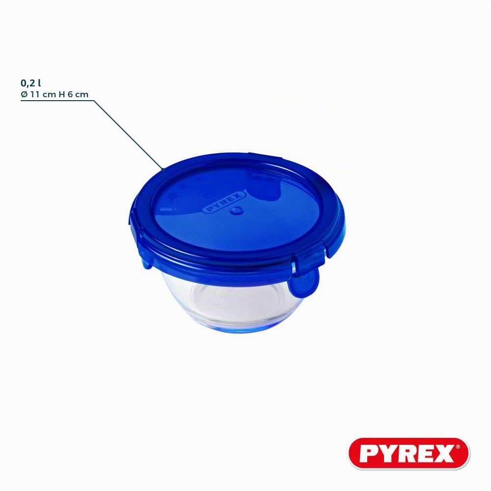Pyrex® - Set di 5 barattoli rotondi in vetro con coperchi blu ermetici e impermeabili - 0,2L - Senza BPA