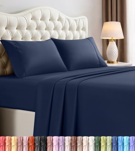 Image of King Size Sheet Set - 4 Piece Bed Sheets, Soft and Breathable Microfiber, Includes 1 Fitted Sheet, 1 Flat Sheet and 2 Pillowcases - Oeko Tex (Navy)