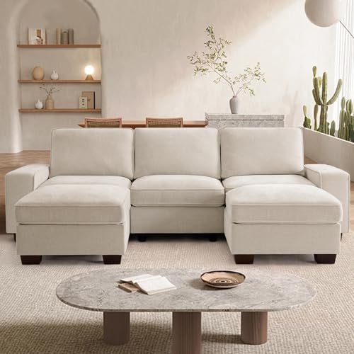 Image of TEKAMON 100 inch Modular Sectional Sofa with Seats Storage, U Shaped Couch with 2 Movable Ottomans, Chenille Fabric Couch for Living Room, Spring Cushions, USB Port, Removable Covers, (Beige, U Shape)
