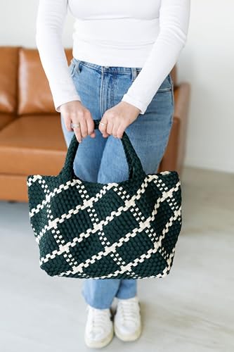 Image of State of Bliss Large Neoprene Dark Green and White Woven Hobo Tote with Top Handle - Lightweight and Spacious Designer Lookalike Tote Bag for Travel, Work, and Everyday