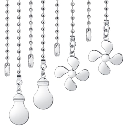 Image of Prasacco 4 Pcs Ceiling Fan Pulls Light and Fan Pull Chain Set 12 Inch Ceiling Fan Pull Chain Extender Decorative Pull Chain Extension, Silver