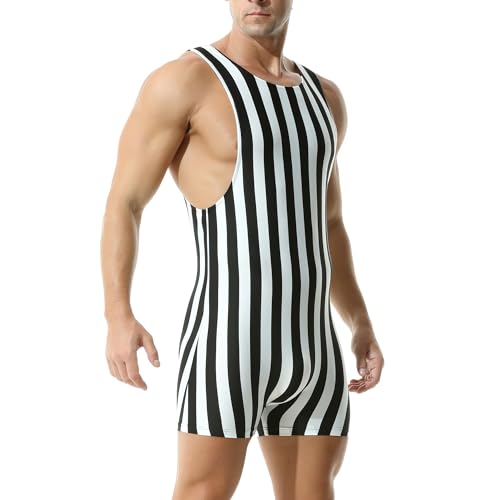 Mens Striped Wrestling Singlet Athletic Supporters Shapewear Bodysuit Boxer Shorts One-Piece Jumpsuit