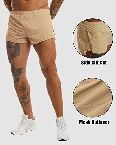 Ouber Men's Running Shorts With Liner 2'' Workout Shorts Bodybuilding Side Split Mesh Gym Shorts Beige,M #TOP2