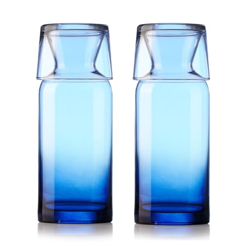 Wrenbury Blue Bedside Water Carafe and Glass Set 700ml Set of 2 - Nightstand and Mouthwash Decanter - Ideal for Hydration in Bedroom and Bathroom - Blue Mist