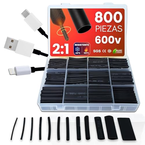 Set De 800 Piezas De Tubo Termoretractil Para Cables - 12 Tamaños Distintos - Tubos Termorretráctiles Para Arreglar Cables - Diseñados para aplicarle calor - Para prevenir Corrosion, Oxido, Agua (800)