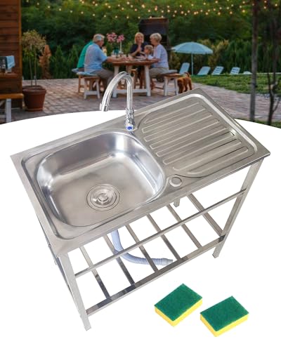 Lavabo Commercial De Cuisine Autoportant Évier Sur Pieds En Acier Inox 1 Bac, Extérieur Évier De Jardin avec Robinet, Évier Utilitaire pour Garage/Restaurant/Buanderie, Facile à Nettoyer(75x40xH75cm)