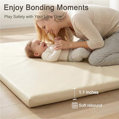 Image of Vegan Leather Baby Play Mat, 71x59 Thicken Foam Play Mat for Infants and Toddlers, Padded & Cushioned Playpen Mat for 71x59 Playpens, 1.1 inch Thick, Cream