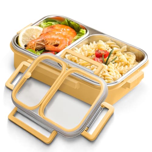 GUDGI 304 Stainless Steel Lunch Box for Kids & Adults - Leakproof 2 Compartment Bento Box (25oz) - Dishwasher Safe Meal Prep Container for School, Office, Outdoor (yellow)