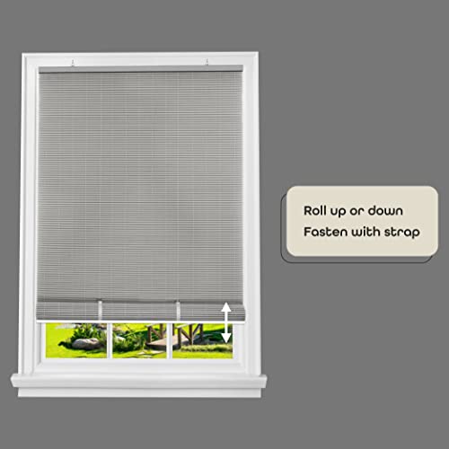 Image of Cordless Solstice Vinyl Roll-Up Blind - 60 Inch Width, 72 Inch Length, Quarter Inch Vinyl Slats - Grey - Soft Light Filtering Horizontal Windows Blinds for Indoor & Ourdoor by Achim Home Decor