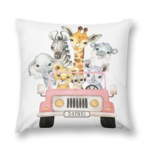 Image of HawSkgFub Baby Boy Girl Safari Animal Truck Decorative Nursery Pillowcase Throw Pillow Cover, Jungle Elephant Zebra Cushion Case Bedroom Playroom Decor, Giraffe Lion Neutral Baby Shower Kid Gift 18x18