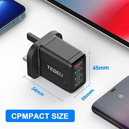 TEGELI USB Plug Charger, 4-Port 34W Multi USB Fast Charger Plug Adapter UK with Quick Charge 3.0 Wall Charger Fast Charging for iPhone 14 13 12 11 Pro Max XS 8 7 6s 5,Samsung Galaxy A13 A53 S21 S20