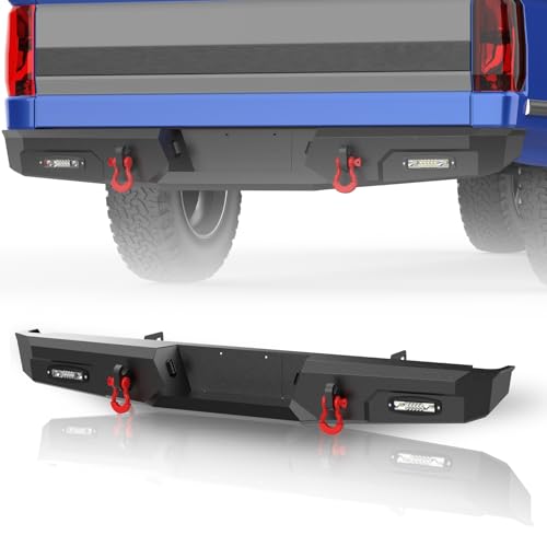 Rear Bumper Compatible with 1992 1993 1994 1995 1996 1997 Ford F150/F250/F350 Pickup, Heavy Duty Offroad Steel Bumper w/Step Plate, 2x18w Lights, 2x D-rings, Sensor Holes, Textured Black