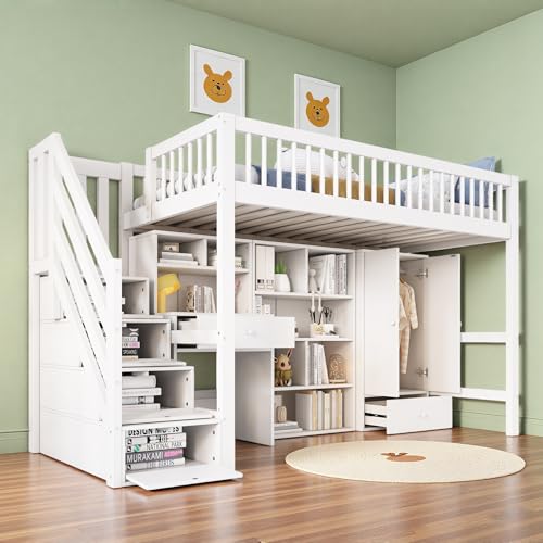 Sapgaks Lit superposé Enfant 90x200 avec casiers Armoire,lit Mezzanine avec Bureau et escalier,lit...