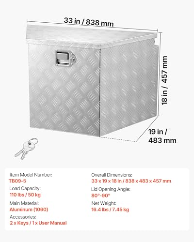 Image of VEVOR Trailer Tongue Box, Heavy Duty Trailer Tongue Tool Box Storage Organizer with Lock & Keys, Utility Tool Chest for Pickup Truck Bed, RV, SUV, Off-Road Vehicle, Aluminum, 33 inch x 19 inch x 18 inch, Silver