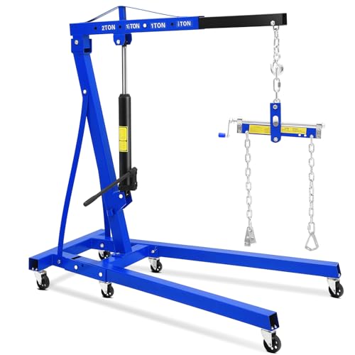 2 Ton Hydraulic Engine Hoist with Leveler, 4400 LB Foldable Mobile Cherry Picker with 6 Casters & Adjustable Telescopic Booms, Heavy Duty Engine Crane for Garage, Warehouse, Auto Repair, Blue