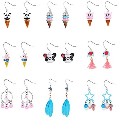 9 Pairs Cute Unicorn Stud Earrings, Colorful Assorted Multiple Drop Dangle Earrings for Kids Girls, Animal Drop earring sets, Hypoallergenic Drop Earrings