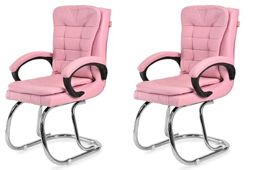 Image of GOYALSON Leatherette Double Cushion Office Guest Chair Sleek, Comfortable Seating for Visitors in Lobby, Reception (2, Pink, Double Pipe Chrome Steel Frame)