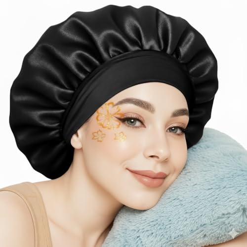 Image of Silk Bonnet for Hair with 3 Scrunchies, Adjustable Silk Hair Cap for Sleeping, Satin Bonnet for Curly Hair, shower cap with Wide Elastic Tie Band (Black)