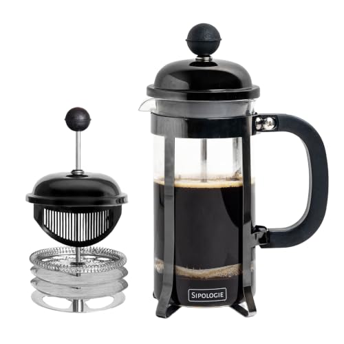 Image of Sipologie Vintage French Press Coffee Maker 350ml, Black I 4 Level Filtration I Heat Resistant Borosilicate Glass in Stainless-Steel Housing I Brews Filter Coffee, Tea Maker I 1 Cup