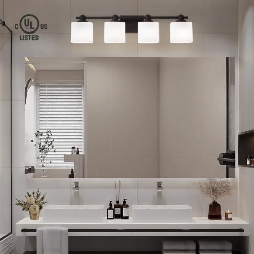 Image of 32 Inch Matte Black Bathroom Light Fixtures Over Mirror 4 Light Bathroom Vanity Light Milk Glass Makeup Shower Lamp Small Farmhouse Wall Sconce Modern Desk Vintage Rustic Bath Sink Lighting