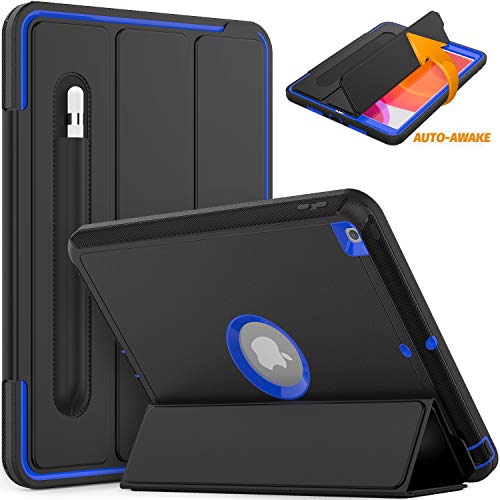 Timecity New iPad 7th Generation Case, iPad 10.2 Smart Cover with Stand Pencil Holder, Auto Wake/Sleep Smart Case for iPad 7th Gen, Durable Protective Cover for iPad 10.2 Inch 2019, Black/Dark Blue