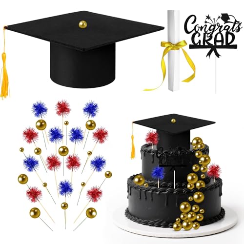32PCS Graduation Cake Decorations Kit for Class of 2025 Felt Tassel Cap, Firework Cupcake Toppers, Diploma, Balls, Black Theme Graduation Party Supplies for Grads(Black)