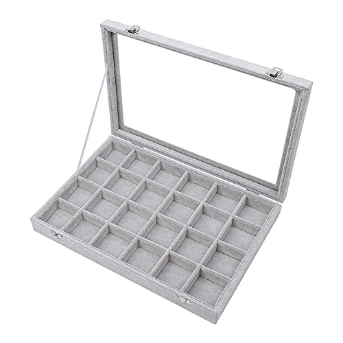 Stylifing Jewelry Organizer Box, 24 Grid Clear Lid Earrings Storage Case, Ring Holder Necklace Crystals Velvet Tray For Display #TOP6