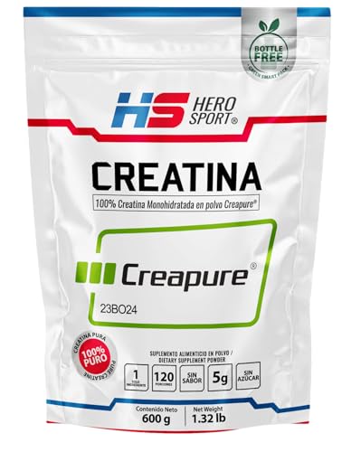Creatinas, HEROSPORTS | Creatina Monohidratada Creapure® 600g. 100% Pura. Solo 1 Ingrediente Creatina Alemana Creapure®. Vegana, Sin Azúcar, 120 porciones, 5g por...