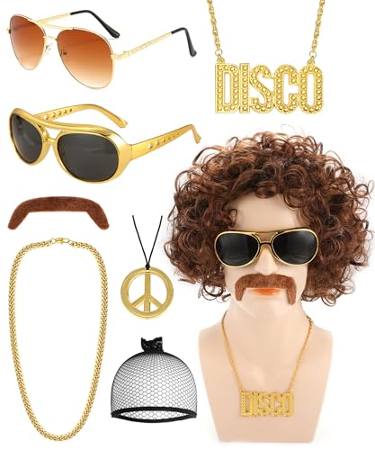 Vieyomn 70s 80s Disco Costume Wigs Set for Men Mustache Glasses Peace Sign Pendant Chain Hippies Cosplay Halloween Party Accessories