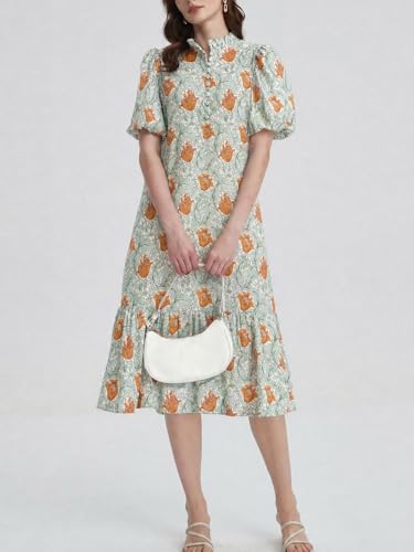Image of Summer Floral Midi Dress for Women Spring Puff Short Sleeve Button Down Flowy Boho Dresses