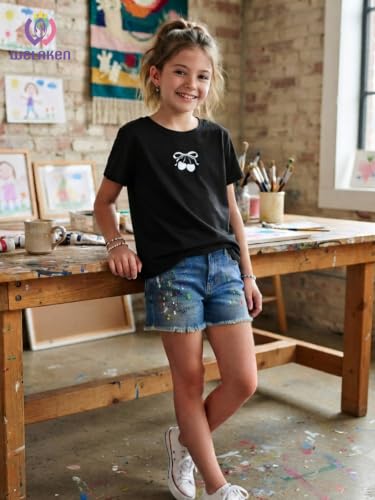 Image of WELAKEN Girls Soft T-Shirt with Curved Hem, Breathable Stretchy Rayon Crewneck Short Sleeve Tees, Kids Everyday Basic Top