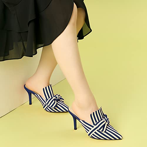 Allegra K Allegra K Women's Stripe Bow Slip on Stiletto Heel Dark Blue Slides Mules 7 M US