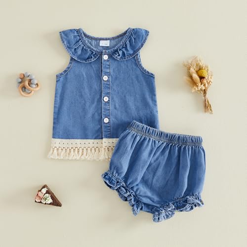 Emmababy Toddler Cowgirl Outfit Girl Button Down Shirt Ruffle Sleeve Tops and Shorts Set Kids Denim Outfits Western Clothes (37 Blue, 3-6 Months) by Emmababy - Used condition - Image 5