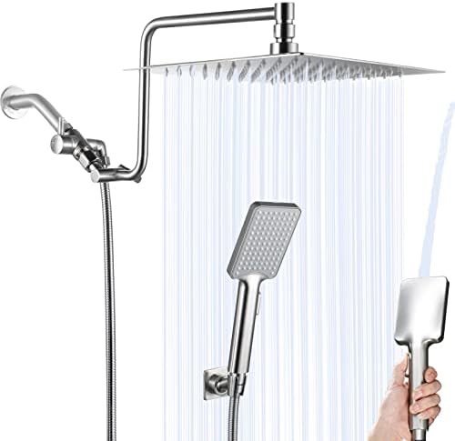 10" Rainfall Shower Head with Handheld Combo High Pressure, Upgrade 12" Extension Arm Height Adjustable, Powerful Stainless Steel Shower Head Brass Shower Holder Extra Long Shower Hose, Brushed Nickel