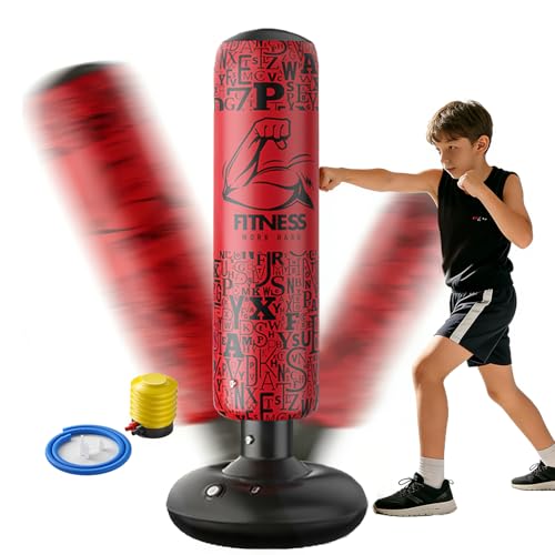Inflatable Boxing Pillar - Punching Bag for Adults & Kids Tall Larger 59.1 Inch Stable Boxing Bag for Teens Fast Inflation Deflation Design Water Filled Base Easy Inflate Valve (red)