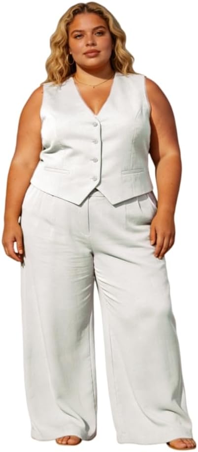 Plus Size Womens Blazer Vest Wide Leg Pants Set 2 Piece Outfits Loose Fit Casual Dressy Suits for Office