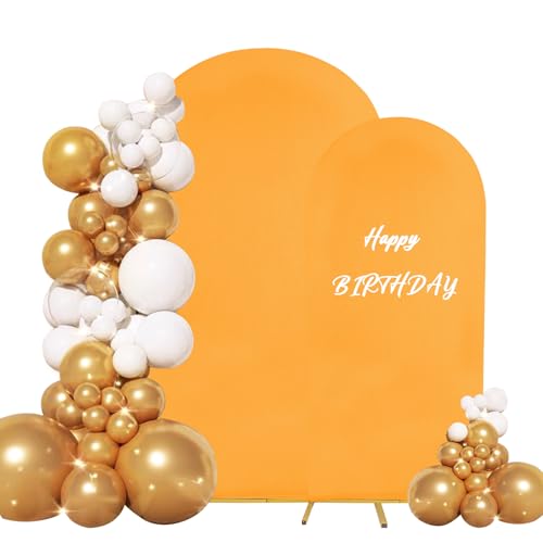 Set of 2 Gold Wedding Arch Stand Cover Round Top Spandex Fitted Arch Cover for Baptism Birthday Party Baby Shower Wedding Arch Stand Decoration（7.2FT, 6.6FT）