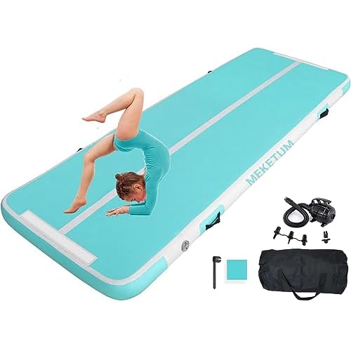 MEKETUM Air Turn Track Matte 2m 3m 4m 5m 10/20cm Dicke Turnen Matten Aufblasbar Gymnastikmatte Rutschfest Sportmatte für Zuhause/Training/Tumbling/Yoga/Outdoor/Fitness (Grün, 2m10)