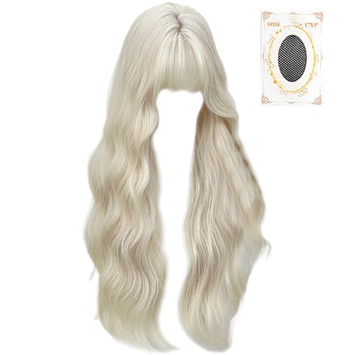 Perruque blanche longue ondulée avec frange pour cosplay de fête