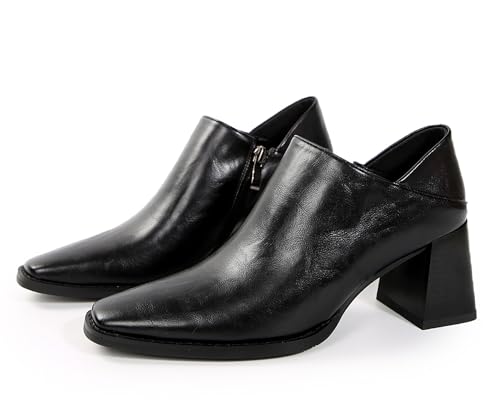 Women's Oxford Pumps Chunky Block Heel Square Toe Side Zipper Vintage PU Leather Daily Dress Comfortable Shoes
